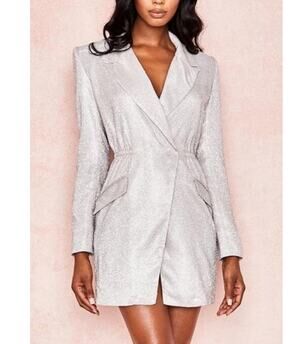 House of CB Shimmer Blazer Wrap Dress Women S Silver Glam Sparkle Cocktail Party